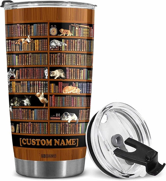 BECHUSKY Personalized Cat Library Bookshelf Tumbler Cat Bookshelf Tumbler Cat Book Lover Tumbler Librarian Reading Book Bookish Gift For Friends Readers Bookworm Book Lovers On Christmas Anniversary