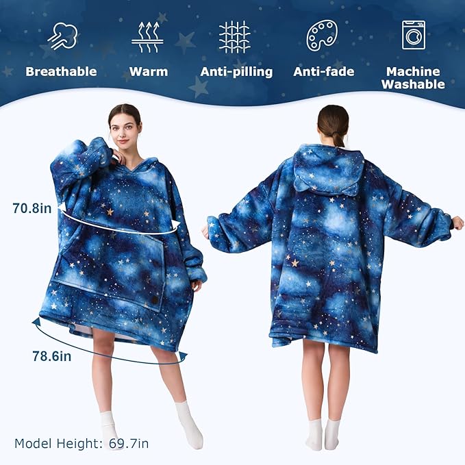 THREE POODLE Wearable Blanket Hoodie for Women, Oversized Sherpa Sweatshirt Blanket for Adults Men, Warm Cozy Star Hooded Blanket, Gifts for Mom Girlfriend Sister