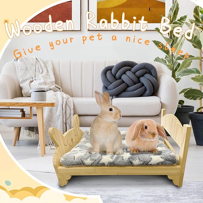 Larged Wooden Rabbit Bed, with Reinforced Bottom Support, Wooden Pet Bed with Removable Cushion, Designed for Small Pets, Suitable for Kittens,Bunny, Guinea Pigs, Puppies, Ferrets Sleeping Pet Bed