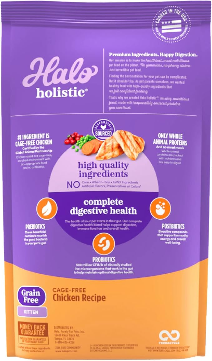 Halo Holistic Kitten Food Dry, Grain Free Cage-free Chicken Recipe, Complete Digestive Health, Dry Cat Food Bag, Kitten Formula, 3-lb Bag
