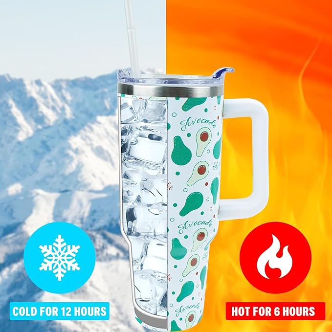 40 oz Tumbler with Handle and Straw, Stainless Steel Insulated Cup with Leak Proof Lid and Straw Lid, Keep Drinks Cold and Hot for Hours(Avocado)