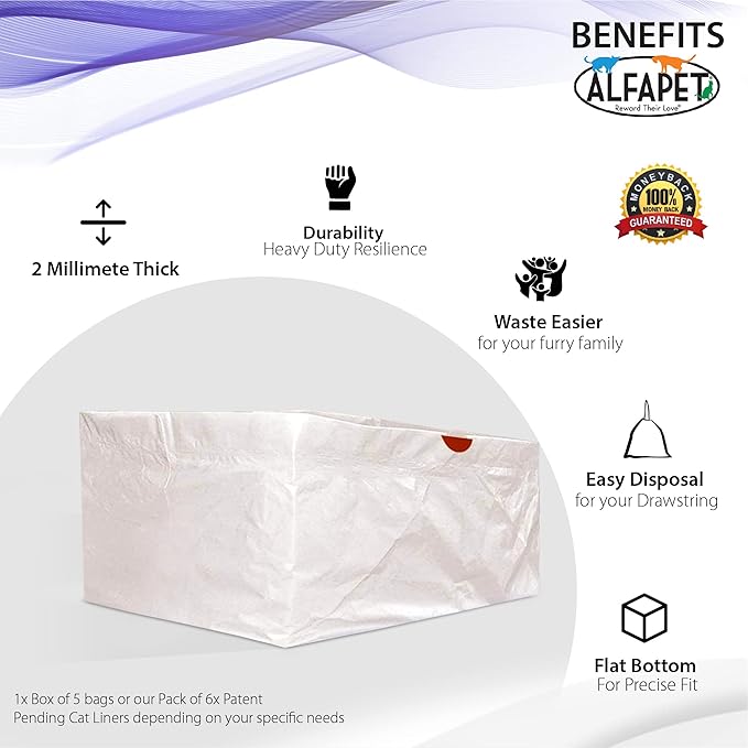 Alfapet Litter Box Liner Flat Bottom Pack of 10 - Super Heavy Duty Kitty cat Litter Bags with Drawstring for Poop and Liquid Waste - Jumbo Design for Extra Large Cat Pans