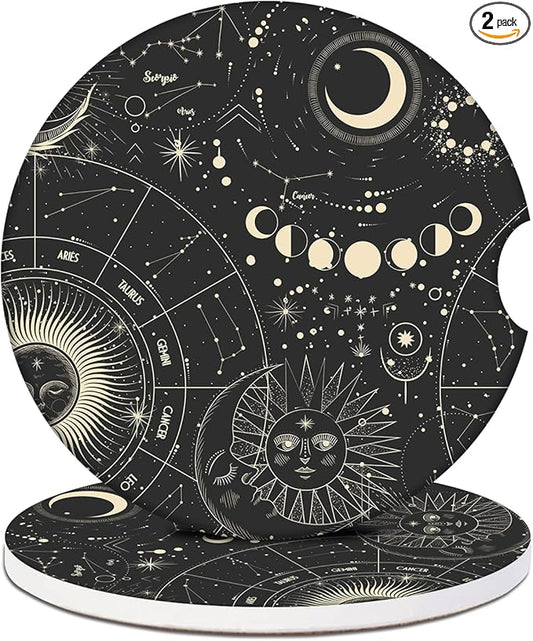 Car Cup Holder Coaster - Sun Moon Absorbent Ceramic Coaster, Car Coasters for Cup Holders, Auto Accessories for Women & Men, Pack of 2