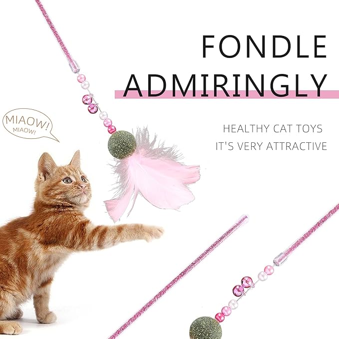 Telescopic Feather cat Toys Combination Interactive Cat Teaser Wand Cat Feather Toys with Loud Bell Long for Cat and Kitten (A-4Pcs)