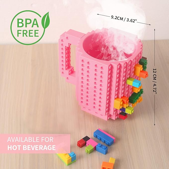 Build-on Brick Coffee Mug, Funny DIY Novelty Cup with Building Blocks Creative for Kids Men Women Xmas Birthday (Pink)