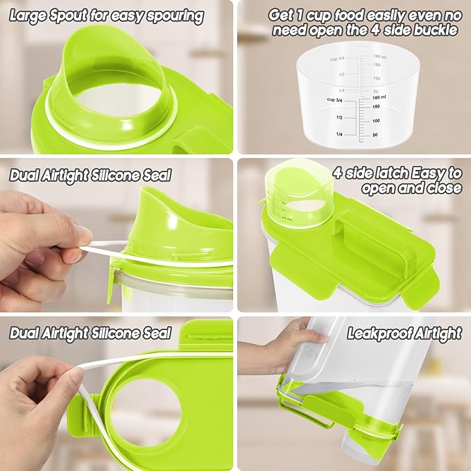 5-7Lbs Dog Cat Storage Container Portable with Upgraded Large Spout and Cup,Plastic Pet Food Dispenser for Small Animal Kibble, Bird Bird Seed,Oatmeal,Rice,flour,brown sugart-Grass Green