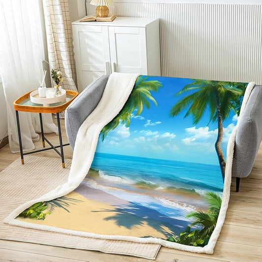 Ocean Beach Themed Fleece Throw Blanket Girls Women Hawaiian Tropical Palm Tree Sherpa Blanket for Bed Couch Kids Adults Blue Sea Plush Blanket Summer Warm Fuzzy Blanket Soft and CozyThrow 50"x60"
