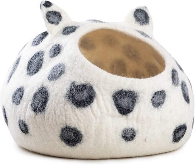 Wool Cat Cave Bed - Extra Warm, Handcrafted, Eco-Friendly Felt Cat Cave for Indoor Cats and Kittens (White Polka) by Woolygon