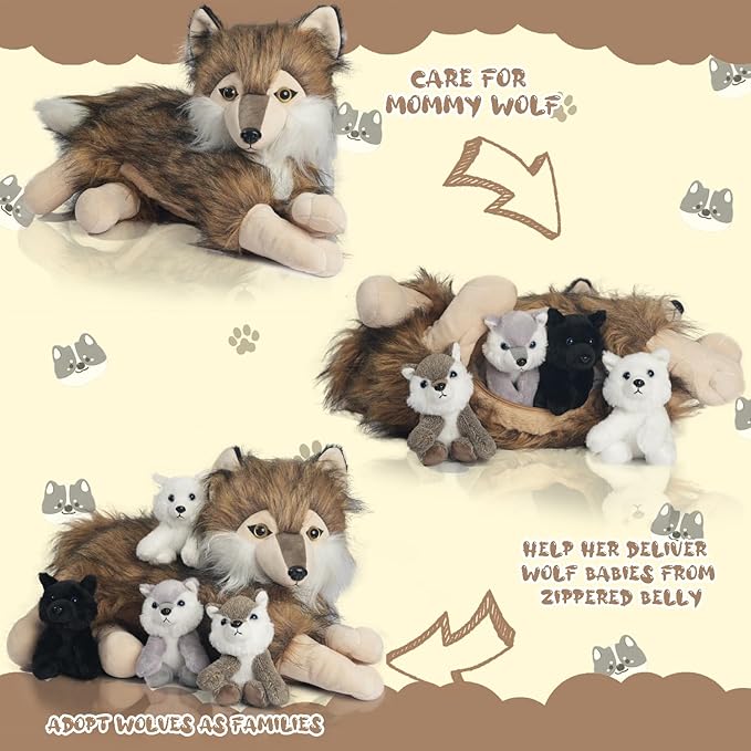 5 Pcs Wolf Stuffed Animal Plush Toy, 16 Inch Mommy Stuffed Wolf with 4 Baby Wolves in Her Zippered Pouch,Cute Nurturing Wolves Plushies for Kids Boys Girls Easter Birthday Gifts Party Decoration