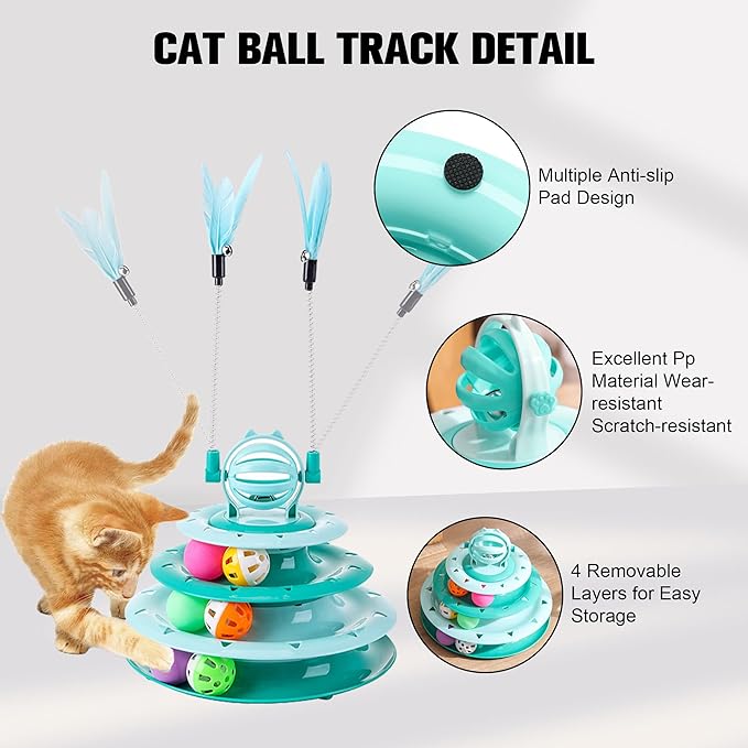 2 in 1 Cat Interactive Toy Roller 3-Level Turntable Cat Toy Cat Slow Feeder Food Dispenser Cat Kitten Wand (RED)