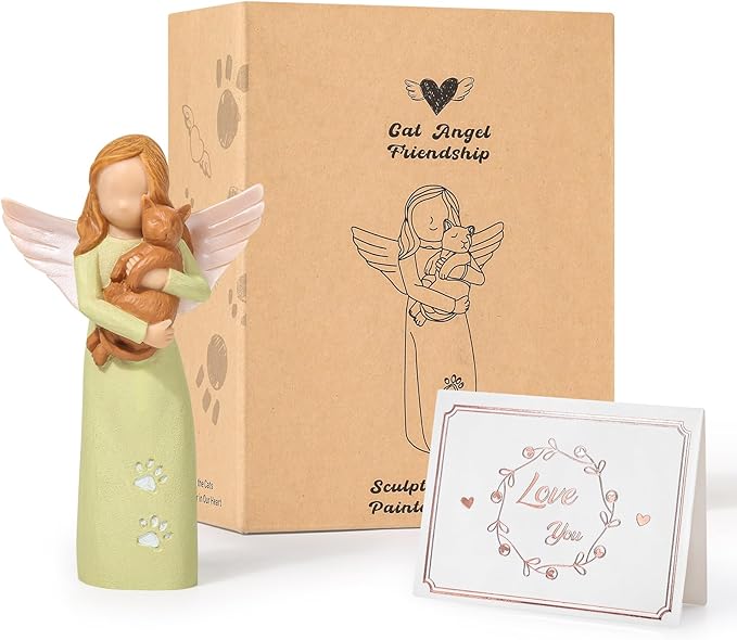 Cat Angel Friendship Statues for Lovers: Hand-Painted Figure - Lime Green Angel and Brown Cat