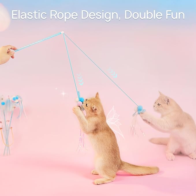 Potaroma Interactive Wand Cat Toys Toy, 5 Pcs Kitten Feather Toys for Indoor Cats to Chase and Exercise, Fun Cat Teaser, Light Blue