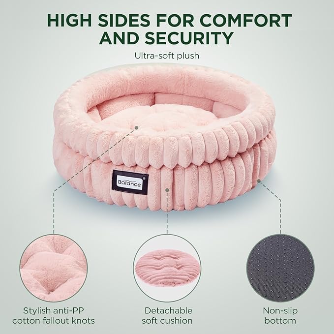 BALANCE Cat Bed Kitten Bed, Washable Round Cat Beds for Indoor Cats,Super Soft Plush Faux Fur Pet Bed for Puppy and Kitten with Anti-Slip Bottom