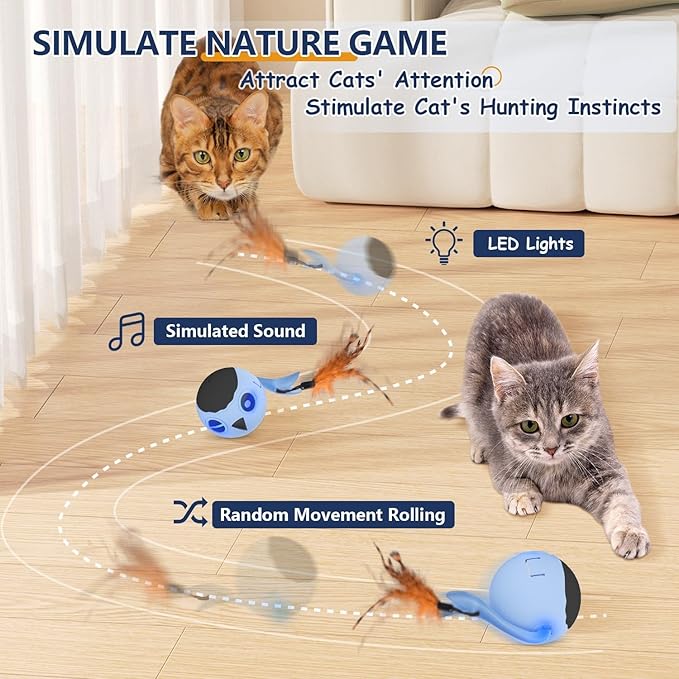 ORSDA Cat Toys, Interactive Cat Toys for Indoor Cats Automatic Moving Ball Bird for Bored Indoor Adult Cat Kitten Toys Ball, Motion Activated Fast Moving Chirping Stimulating Light, 2 Tails (Blue)