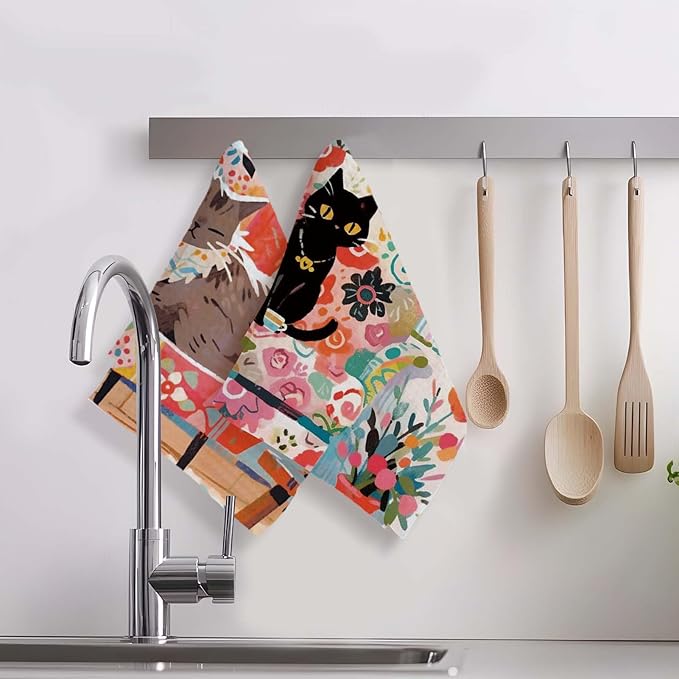Cute Cat Kitchen Towels Set of 2 Cats Decoration for Cat Lovers Cat Kitchen Accessories Cat Mom Gifts for Women Cute Hand Towels Decorative Set for Kitchen & Bathroom 16×24 Inch