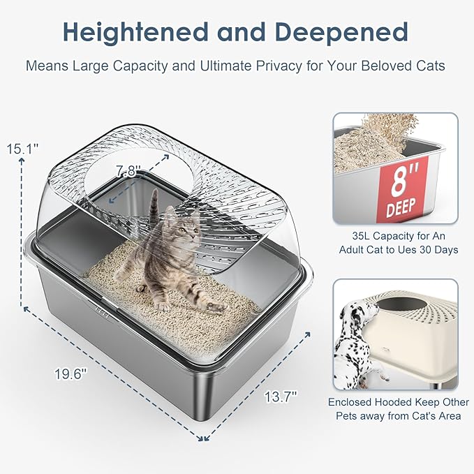 8" Deep Stainless Steel Litter Box with Lid, Top Entry Litter Box for Dog-Proof, Covered Cat Litter Box with Filter Footboard & Scoop, Odor Control, Anti-Leakage, Non-Sticky, Easy Cleaning (Ivory)
