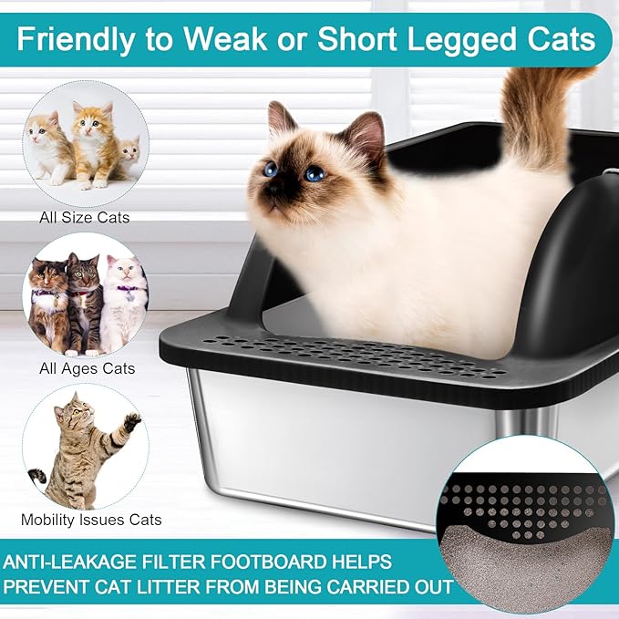 2 Pack Stainless Steel Litter Box with Lid, 24'' x 16'' x 12'' Extra Large Litter Boxes for Big Cats, XL Metal Cat Litter Box with High Sided, Enclosed Cat Litter Boxes with Litter Scoop