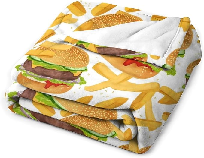 Hamburger French Fries Throw Blanket Burgers Food Funny Cute Meat Print Blankets Gifts Couch Sofa Bed Stuff Decor Soft Cozy Lightweight Fleece Plush Flannel Bedding for Lover Men Women Adults 40"x50"