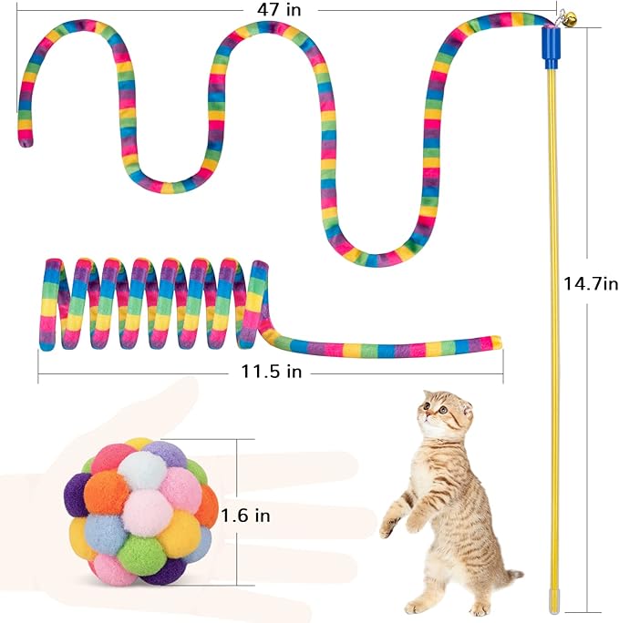 Retro Shaw Cat Toys, Cat Wand Teaser Toys Cat Fuzzy Balls with Bell Inside and Cat Springs, Interactive Cat Toys for Indoor Cats Kittens Kitty, 3 Pack