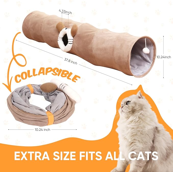 Collapsible Cat Tunnel 37.8in Straight Tube for Indoor Cats & Kittens Large Foldable Play Cave Toy with Hanging Ball & Peek Hole,Ideal for Rabbits, Ferrets, Puppies & Small Pets