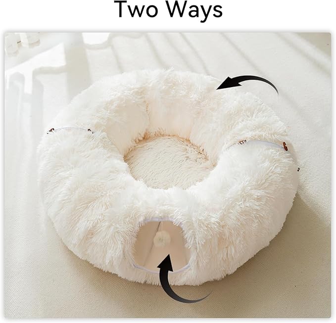 HIPIPET Winter Plush Cat Tunnel with Cat Bed for Indoor Cats,Multifunctional Cat Toys for Small Medium Large Cat.(White)