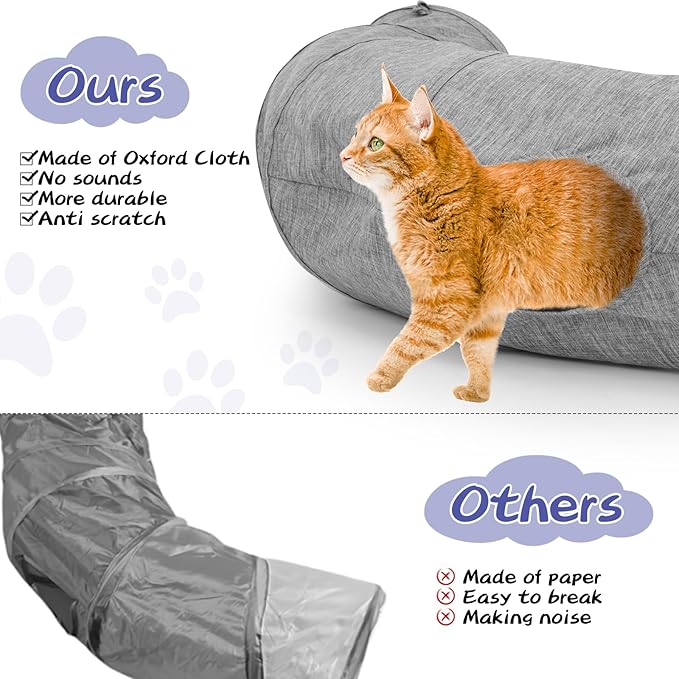 Cat Tunnel, Collapsible Bent Cat Tunnel Sturdy Oxford Fabric for Indoor Cats,Interactive Hanging Ball Pet Tunnel Tube with Cat Teaser Stick (Grey)