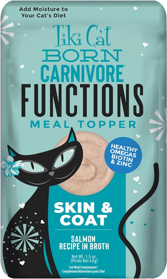 Tiki Cat Born Carnivore Functions Skin & Coat, Salmon Recipe in Broth, Formulated with Omega-3 and Biotin for Healthy Skin, Mousse Cat Food Topper, 1.5 oz. Pouch (12 Count)