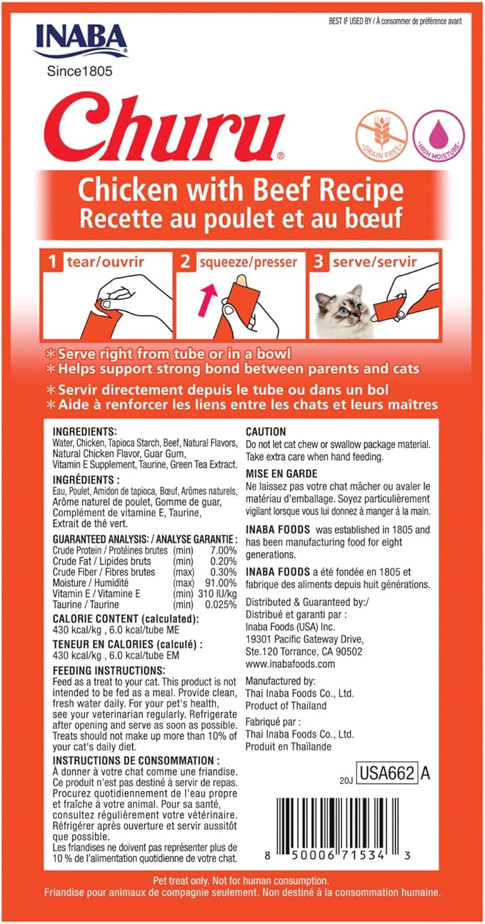 INABA Churu Cat Treats, Grain-Free, Lickable, Squeezable Creamy Purée Cat Treat/Topper with Vitamin E & Taurine, 0.5 Ounces Each Tube, 24 Tubes (4 per Pack), Chicken with Beef Recipe