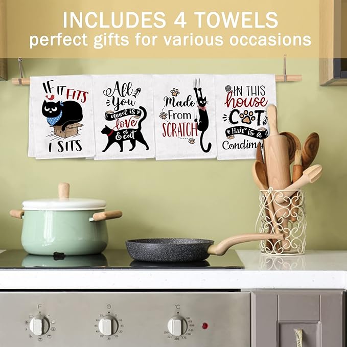 Bonsai Tree Cat Kitchen Towels Set of 4, Cat Lover Gifts for Mom Women, Cute Funny Dish Tea Towels Housewarming Gifts for New Home Decor