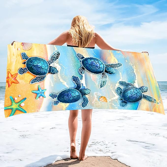 Bonsai Tree Turtle Beach Towel, Sea Turtles Large Microfiber Bath Towel Gifts for Women, Ocean Summer Starfish Seashells Funny Sand Free Quick Dry Travel Towels for Yoga Sports 31" x 63"