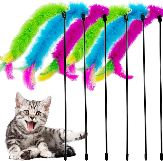 Cat Wand Toy Cat Feather Toys, 6 PCS Cat Feather Teaser Toy, Interactive Feather Cat Toy for Indoor Cats Play