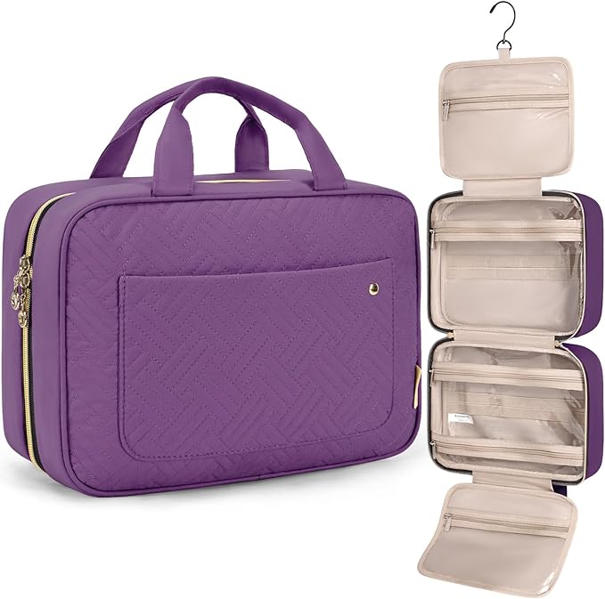 BAGSMART Toiletry Bag Travel Bag with Hanging Hook, Water-resistant Makeup Cosmetic Bag Travel Organizer for Accessories, Shampoo, Full Sized Container, Toiletries (Purple, Large)