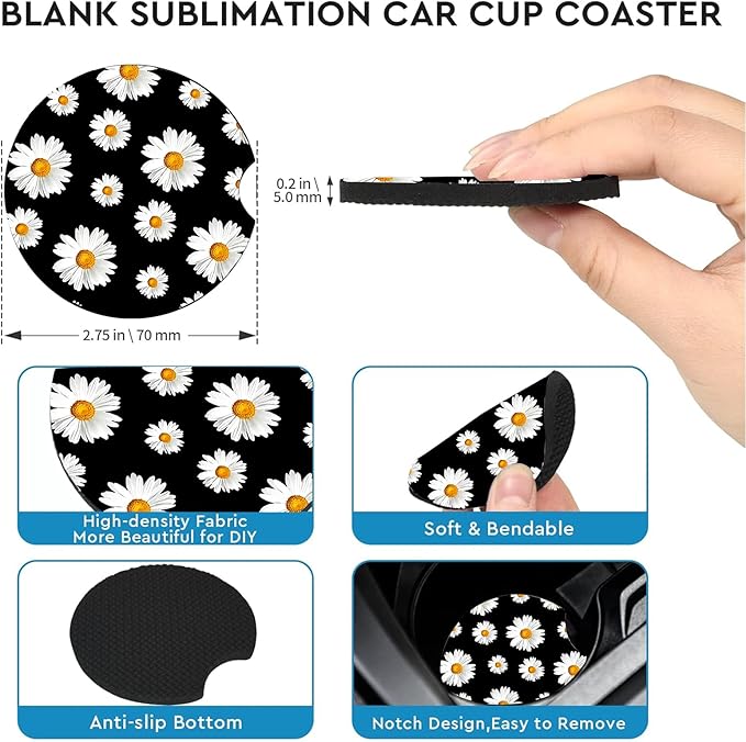 Car Coasters for Cup Holders,2 Pack White Daisy Car Cup Holder Coasters,2.75" Universal Size Anti Slip Rubber Mat,Automotive Cup Holder Decal Decor Accessories,Daisy Gifts for Women,Men,Mom