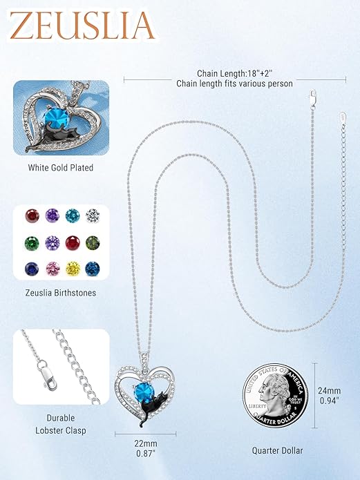 Birthstone Cat Necklaces,925 Sterling Silver Cat Necklace Heart Pendant for Women,Dainty Animal Jewelry for Her,Wedding Anniversary Birthday Gifts for Women Mom Grandma