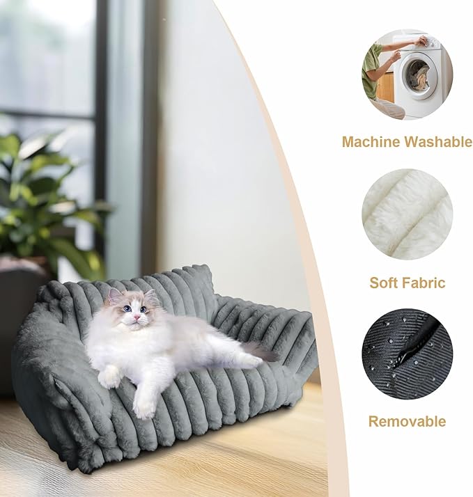 Cat Couch Bed for Pets, 24IN Cat Beds with Premium Soft Corduroy Fleece, Cute Waterproof Cat Sofa with Cotton for Small Medium Dogs & Kittens with Removable Washable Cover (Warm Grey)