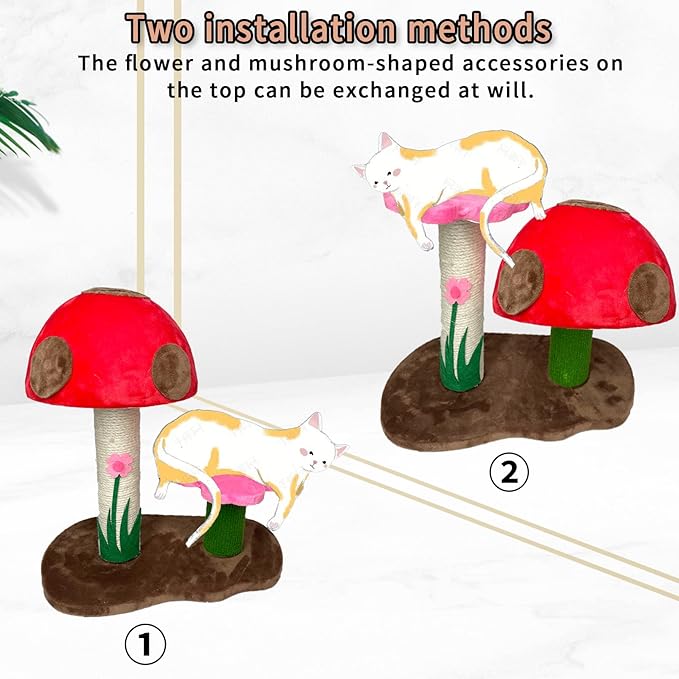 Fhiny Mushroom Cat Scratching Post, Natural Sisal Kitten Scratcher Claw Pole Cute Kitty Toy for Indoor Kitten Training Interactive Small Cats Tree