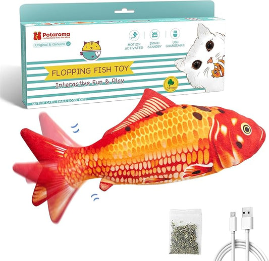 Potaroma Floppy Fish Cat Toy, Interactive Flopping Moving Fish Toy, Catnip & Silvervine Enrichment, Kitten Kicker Exercise Toys for Indoor or Outdoor, Red Koi for All Breeds