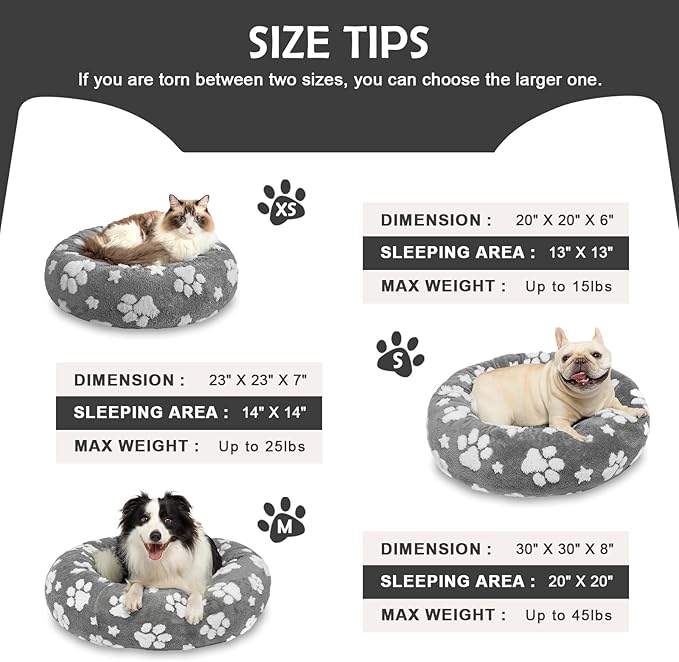 Donut Dog Beds for Medium Dogs, Calming Round Cat Beds for Indoor Cats, Cute 3D Textured Paw Pet Bed with Removable Washable Cover and Anti-Slip Bottom（Grey，30"）