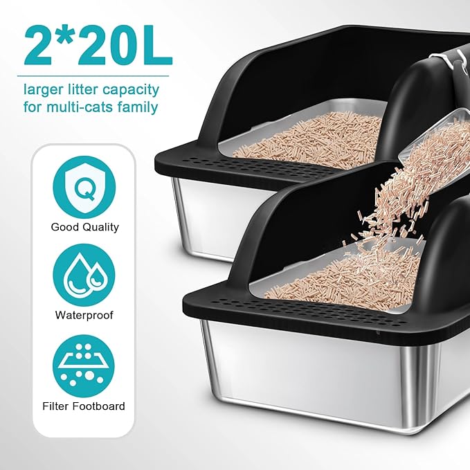 2 Pack Stainless Steel Litter Box with Lid, 24'' x 16'' x 12'' Extra Large Litter Boxes for Big Cats, XL Metal Cat Litter Box with High Sided, Enclosed Cat Litter Boxes with Litter Scoop