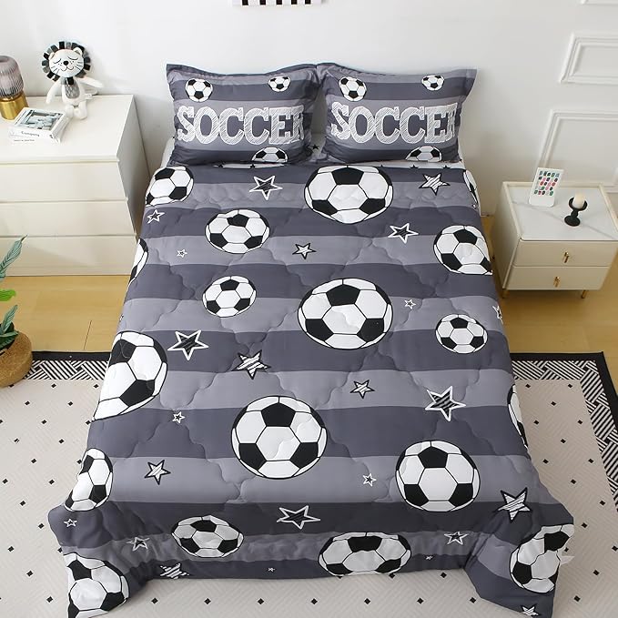 Boys Sports 7 Piece Soccer Comforter Set Full Size 3D Football Playground Bedding Set for Kids Bed Set Gray(Comforter,Flat Sheet,Fitted Sheet and Pillow Sham)