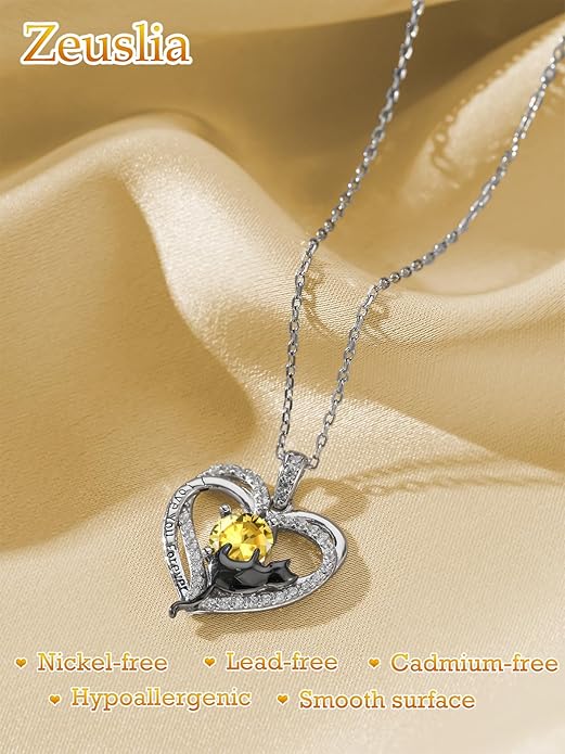 Birthstone Cat Necklaces,925 Sterling Silver Cat Necklace Heart Pendant for Women,Dainty Animal Jewelry for Her,Wedding Anniversary Birthday Gifts for Women Mom Grandma