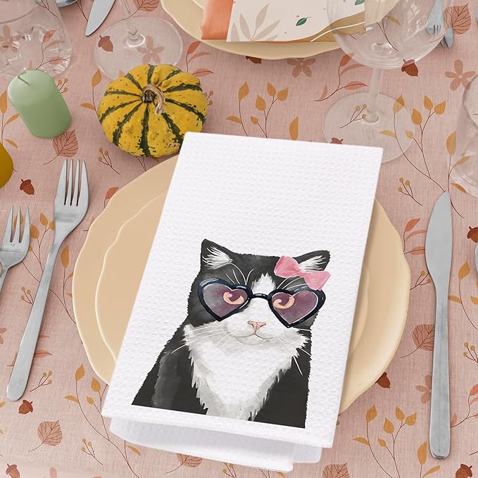 SPBL&L Cat Bow Dish & Hand Towels, 16x24 inches - Pink, Black - Bathroom & Kitchen Decor, Cat Gifts