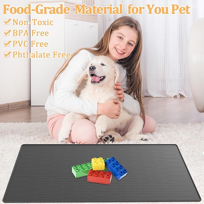 32"x24" Large Silicone Pet Feeding Mat, Waterproof Non-Slip Dog and Cat Bowl Mat for Food & Water, Durable Floor Protector to Prevent Spills, Easy to Clean, Lake Blue
