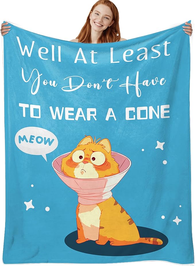 Get Well Gifts for Women After Surgery, Get Well Soon Blanket 50"X60", Funny Feel Better Sympathy Recovery Gifts for Women, at Least You Dont Have to Wear A Cone Throw Blanket, Blue Cat