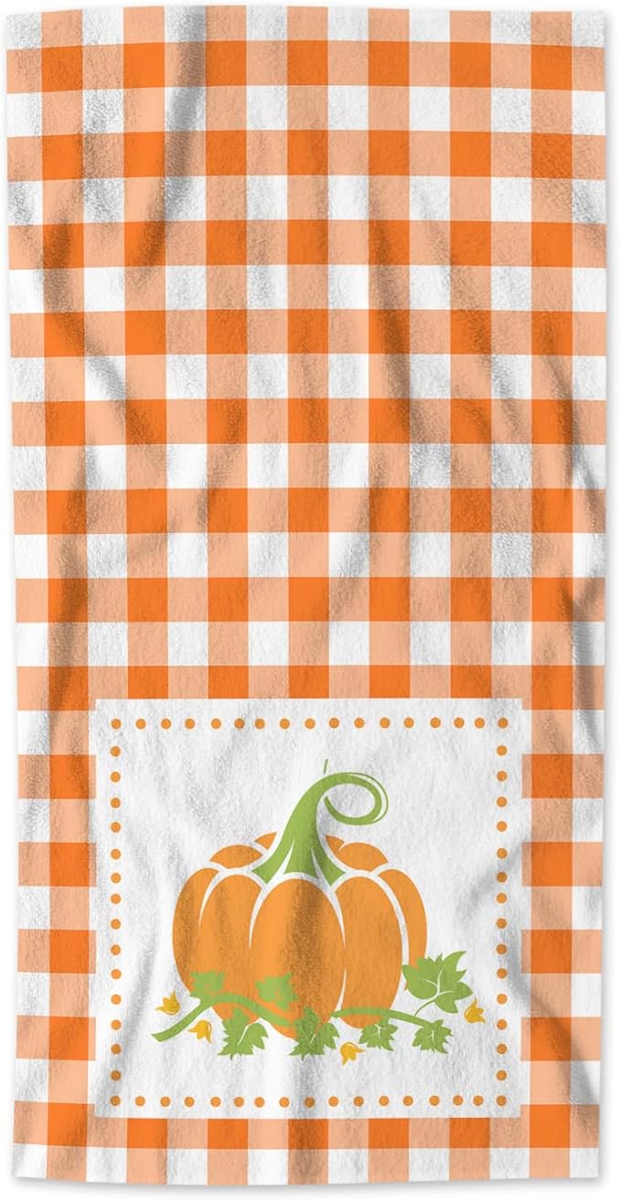 AOYEGO Pumpkin Towels Orange White Plaid Buffalo Thanksgiving Autumn Harvest Season Halloween Bathroom Kitchen Hand Towels Beach Bath Face Towels for Yoga Swim Golf 15x30 Inch