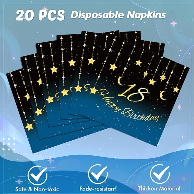 18th Birthday Party Decorations, 41Pcs Starry Sky Party Tableware Set Includes 20 Plate 20 Napkins and 1 Tablecloth, 18 Years Old Birthday Theme Party Supplies for Boys Girls Birthday Party Favors