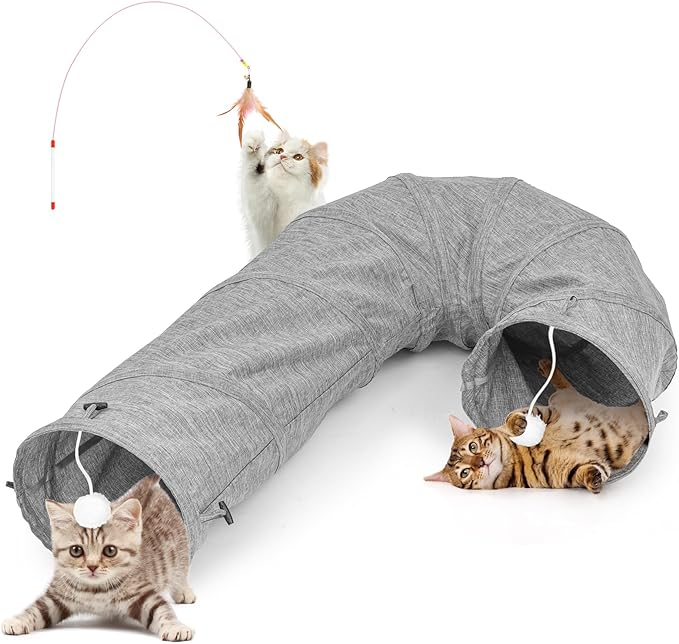 Cat Tunnel, Collapsible Bent Cat Tunnel Sturdy Oxford Fabric for Indoor Cats,Interactive Hanging Ball Pet Tunnel Tube with Cat Teaser Stick (Grey)