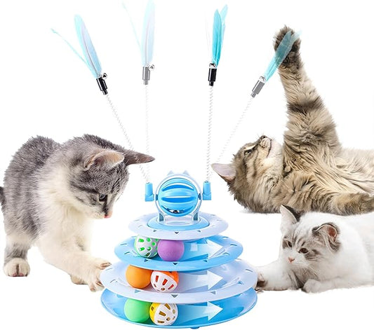 2 in 1 Cat Interactive Toy Roller 3-Level Turntable Cat Toy Cat Slow Feeder Food Dispenser Cat Kitten Wand (Blue-C)