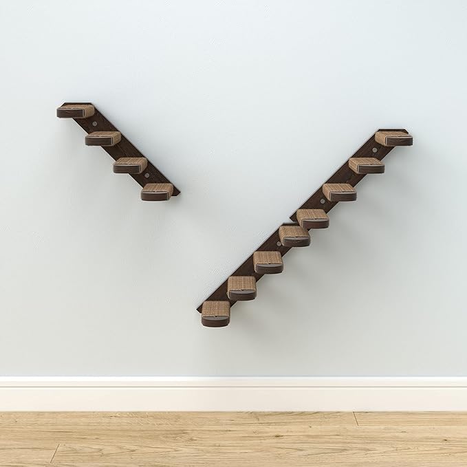 Skywin Cat Steps - Solid Rubber Wood Cat Stairs Great for Scratching and Climbing - Easy to Install Wall Mounted Cat Shelves for Playful Cats (Brown, Left to Right)