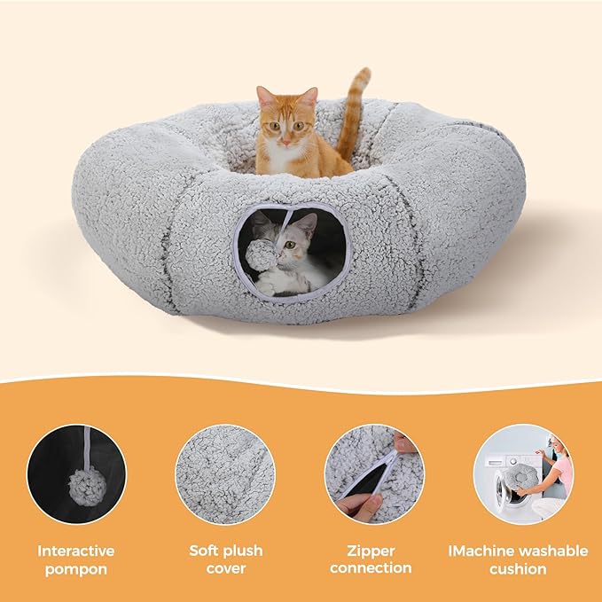PEQULTI Cat Tunnel with Cat Bed for Indoor Cats, Cat Play Donut Tunnel with Washable Soft Plush Mat, Round Cat Tunnel Toys Cute Cat Tube for Kittens, Puppies, Rabbits and Ferrets, Grey